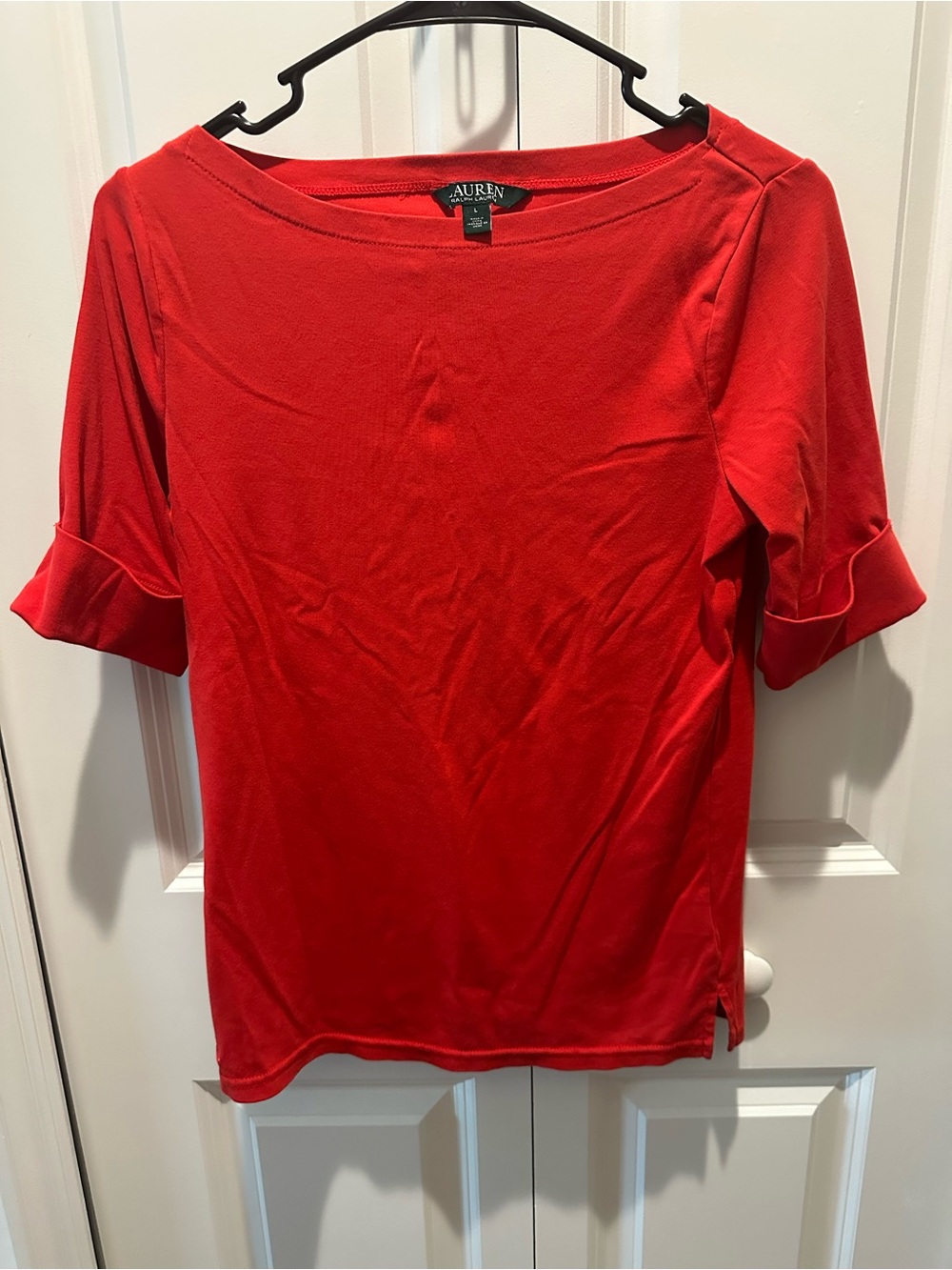 Lauren Ralph Lauren Red Boatneck Elbow-Sleeve Top Vibrant Red